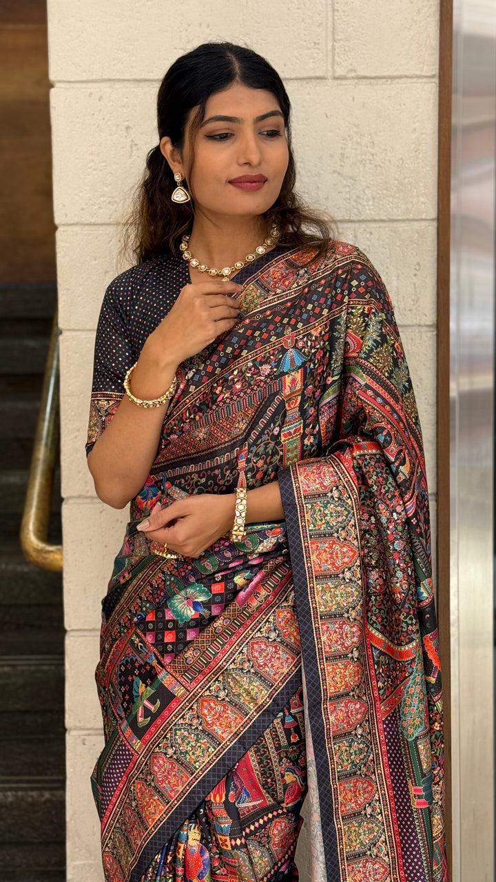 Royal Darbar Scene Patola Inspired Silk Saree with Traditional Heritage Weaving