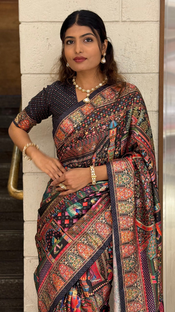Royal Multicolor Story Art Printed Saree in Pashmina Silk