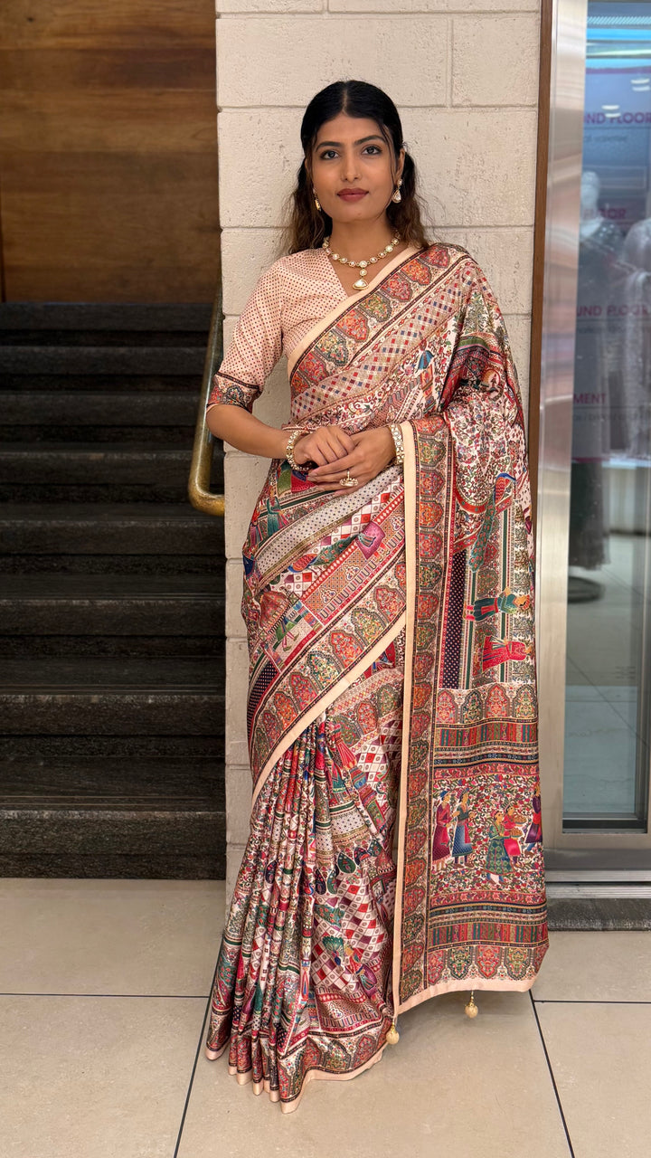 Royal Darbar Scene Patola Inspired Silk Saree with Traditional Heritage Weaving