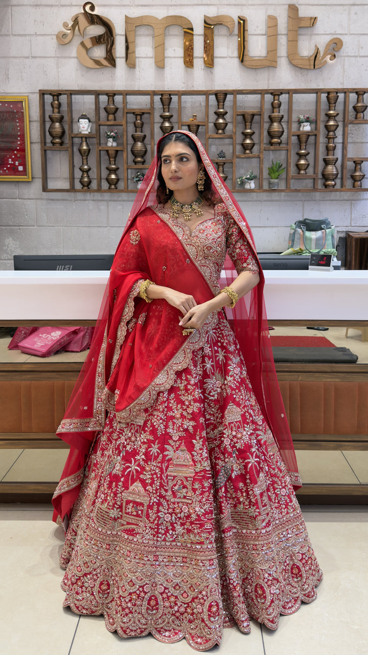 Royal Scarlet Red Bridal Lehenga Set with Heritage Palace Embroidery & Net Dupatta