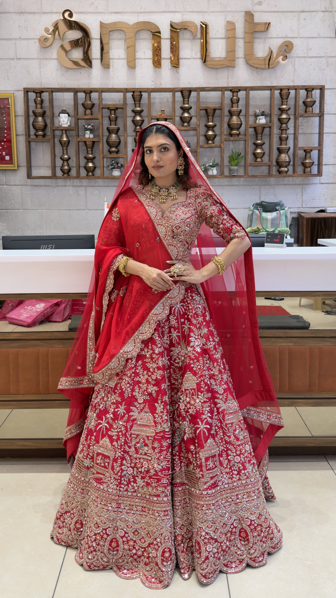 Royal Scarlet Red Bridal Lehenga Set with Heritage Palace Embroidery & Net Dupatta