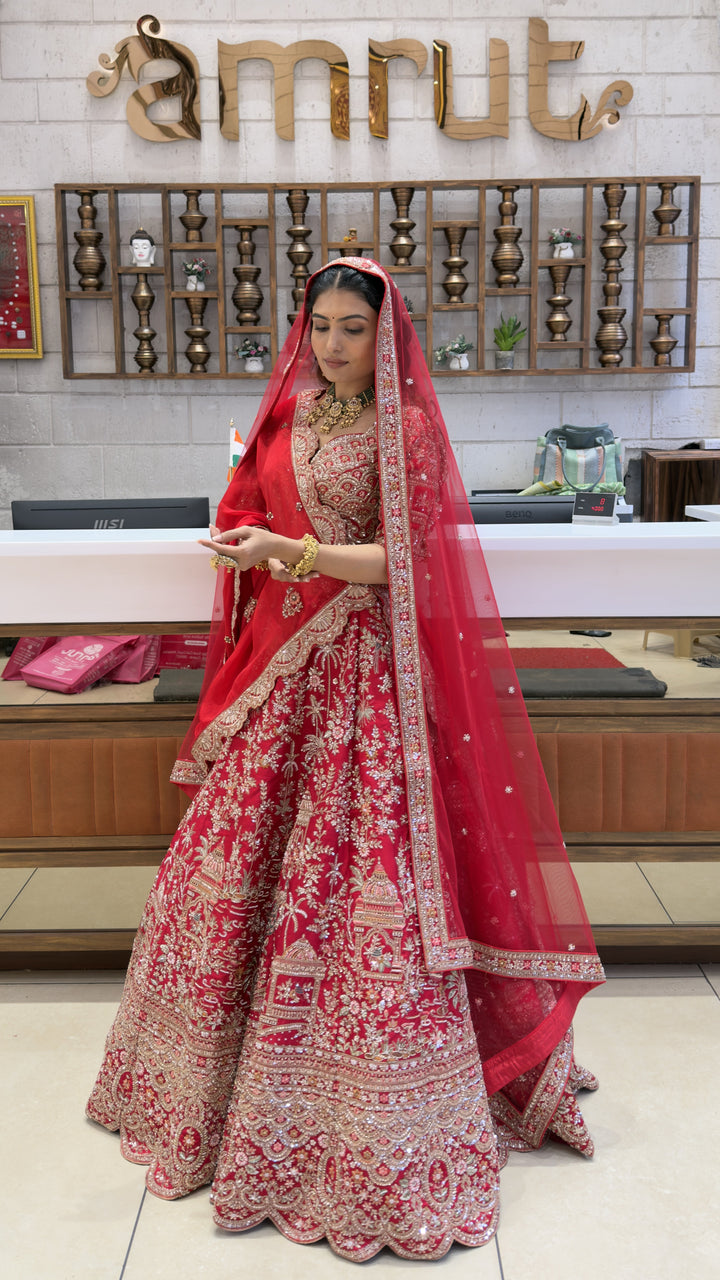Royal Scarlet Red Bridal Lehenga Set with Heritage Palace Embroidery & Net Dupatta