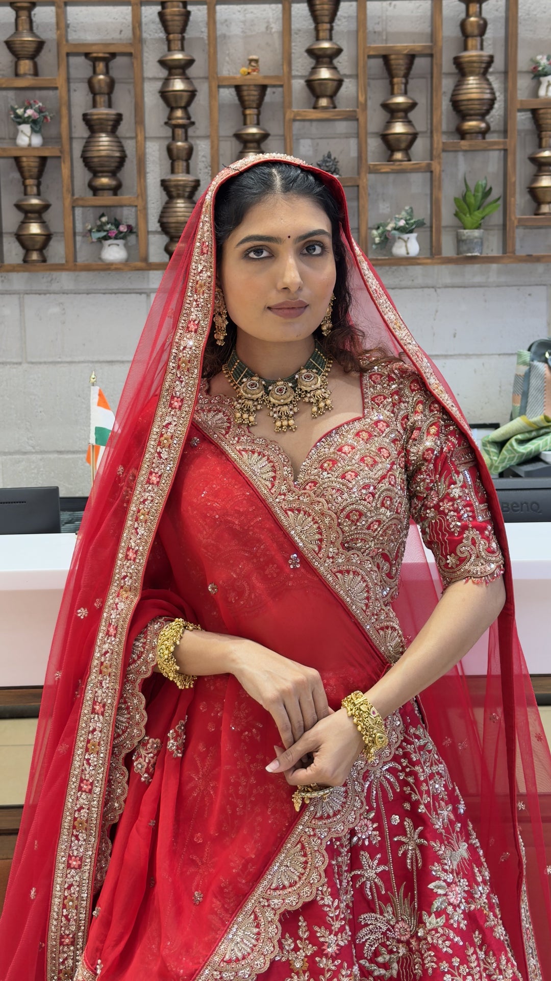 Royal Scarlet Red Bridal Lehenga Set with Heritage Palace Embroidery & Net Dupatta