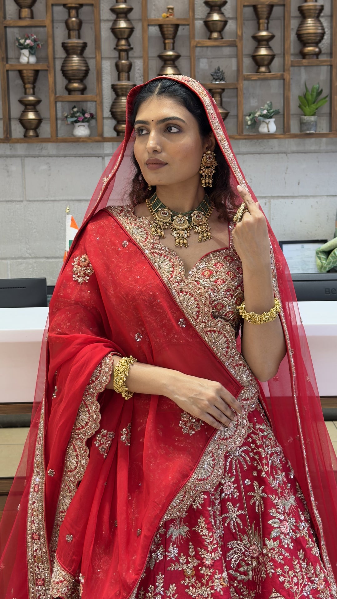 Royal Scarlet Red Bridal Lehenga Set with Heritage Palace Embroidery & Net Dupatta