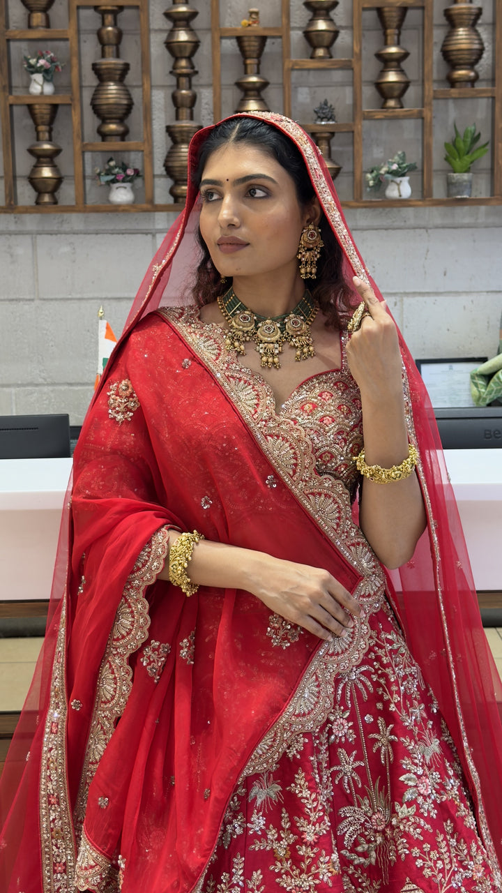 Royal Scarlet Red Bridal Lehenga Set with Heritage Palace Embroidery & Net Dupatta