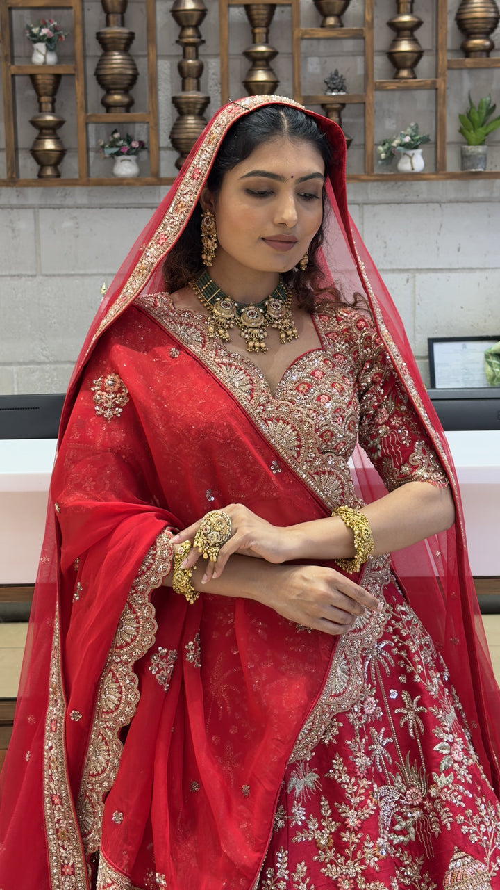 Royal Scarlet Red Bridal Lehenga Set with Heritage Palace Embroidery & Net Dupatta