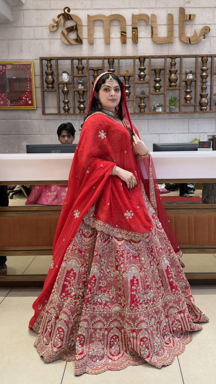 Royal Scarlet Red Bridal Lehenga Set with Palace-Inspired Hand Embroidery & Soft Net Dupatta