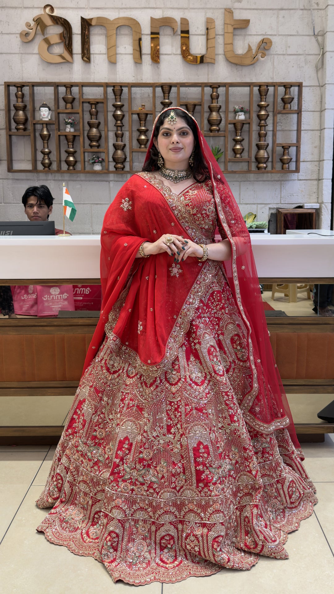 Royal Scarlet Red Bridal Lehenga Set with Palace-Inspired Hand Embroidery & Soft Net Dupatta