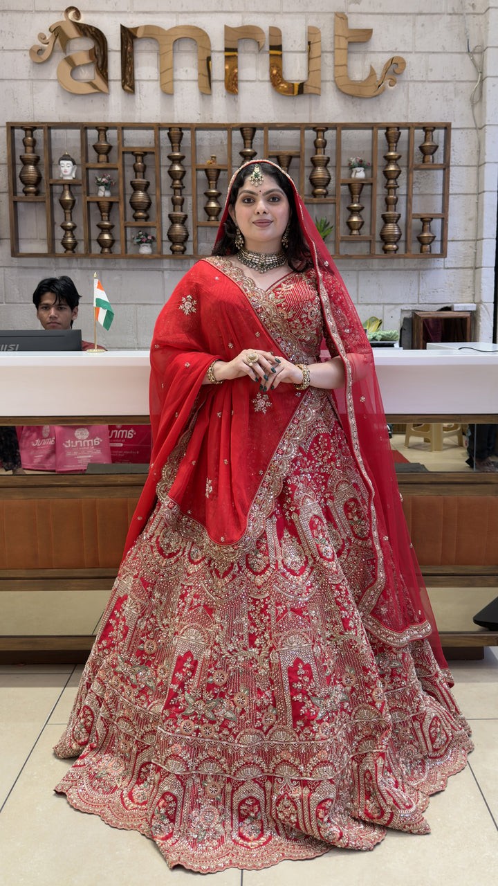 Royal Scarlet Red Bridal Lehenga Set with Palace-Inspired Hand Embroidery & Soft Net Dupatta