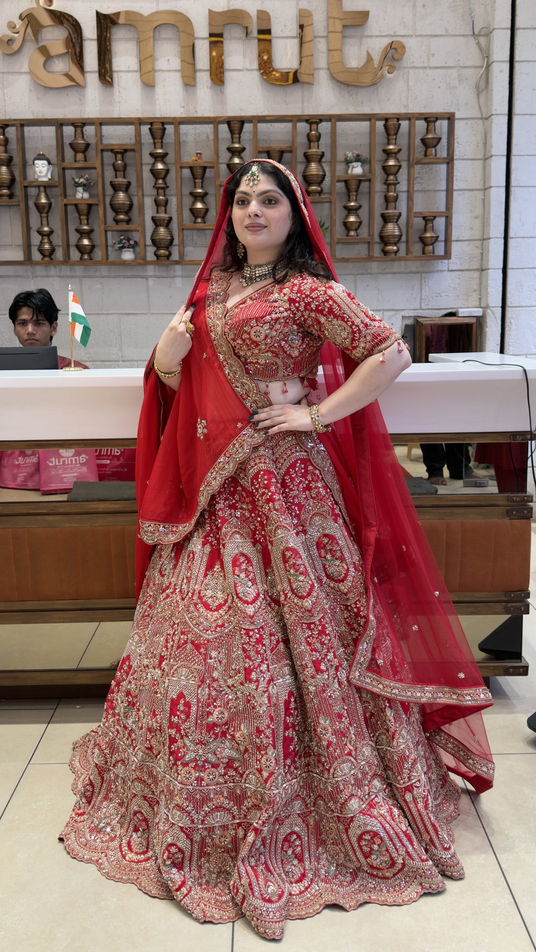 Royal Scarlet Red Bridal Lehenga Set with Palace-Inspired Hand Embroidery & Soft Net Dupatta