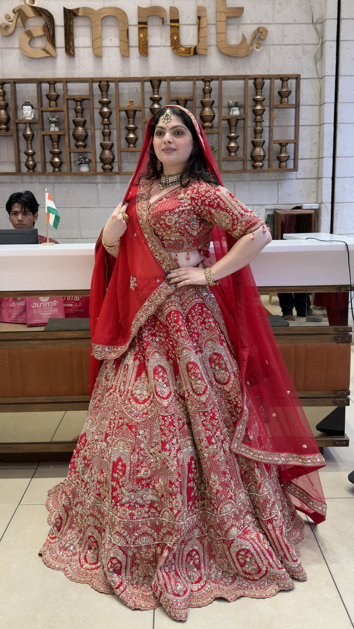 Royal Scarlet Red Bridal Lehenga Set with Palace-Inspired Hand Embroidery & Soft Net Dupatta