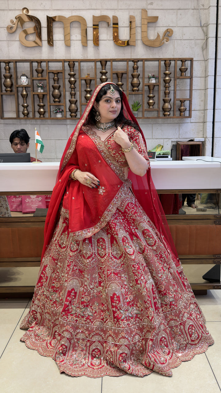 Royal Scarlet Red Bridal Lehenga Set with Palace-Inspired Hand Embroidery & Soft Net Dupatta