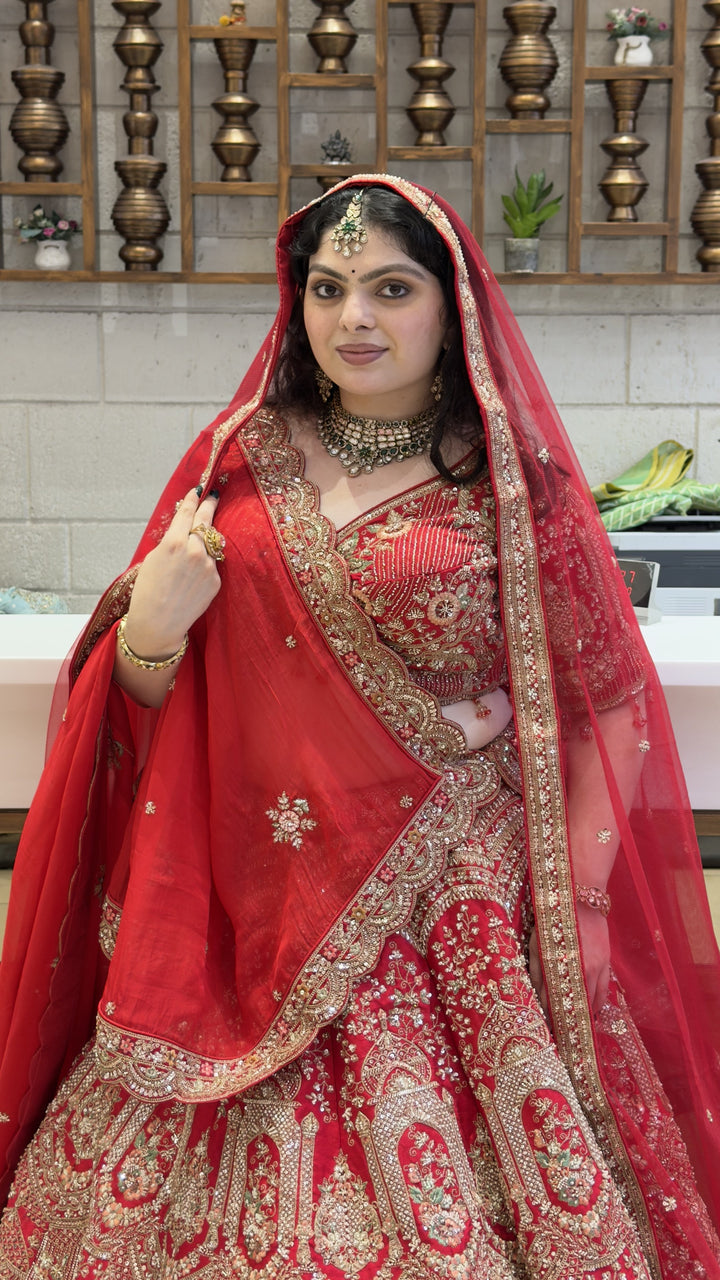Royal Scarlet Red Bridal Lehenga Set with Palace-Inspired Hand Embroidery & Soft Net Dupatta