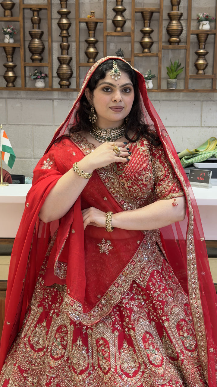 Royal Scarlet Red Bridal Lehenga Set with Palace-Inspired Hand Embroidery & Soft Net Dupatta