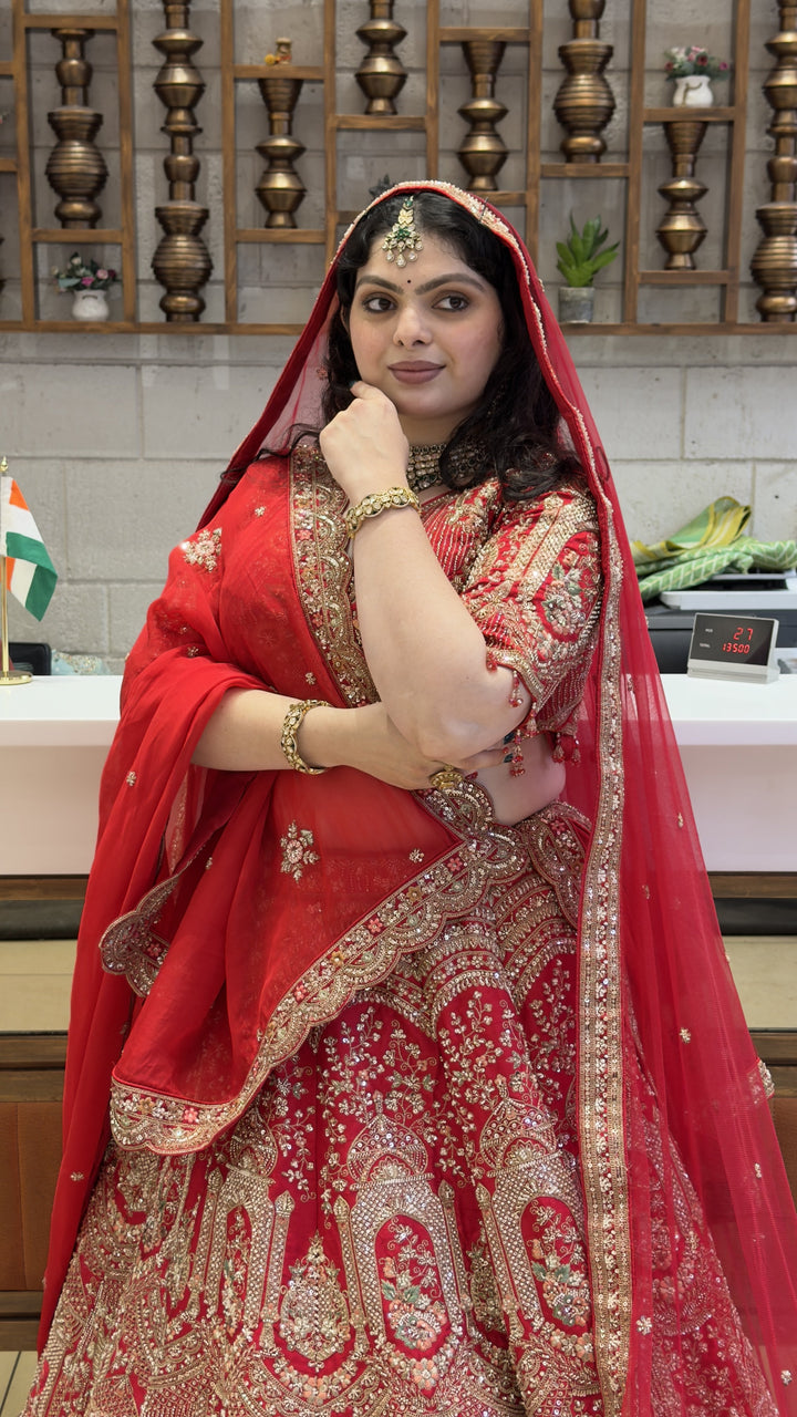 Royal Scarlet Red Bridal Lehenga Set with Palace-Inspired Hand Embroidery & Soft Net Dupatta