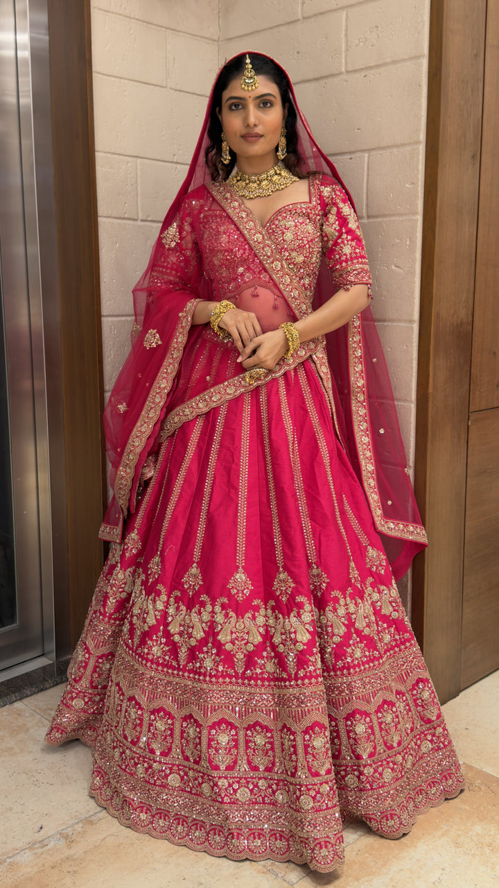 Royal Rani Pink Bridal Lehenga Set with Heritage Zari Embroidery & Soft Net Dupatta