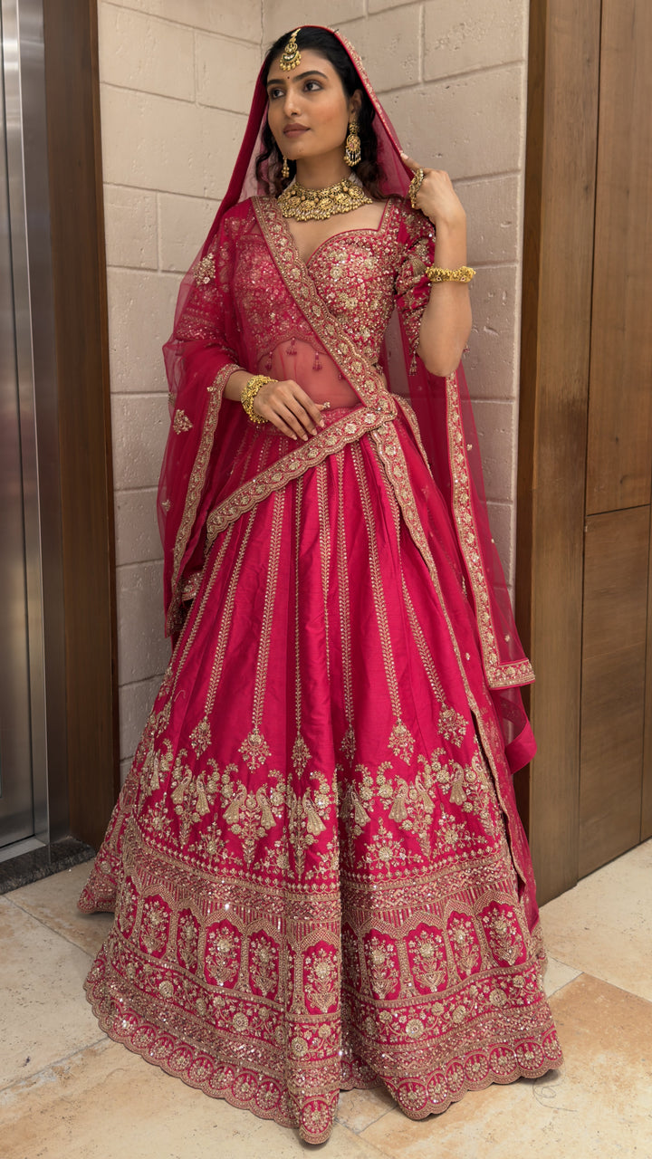 Royal Rani Pink Bridal Lehenga Set with Heritage Zari Embroidery & Soft Net Dupatta