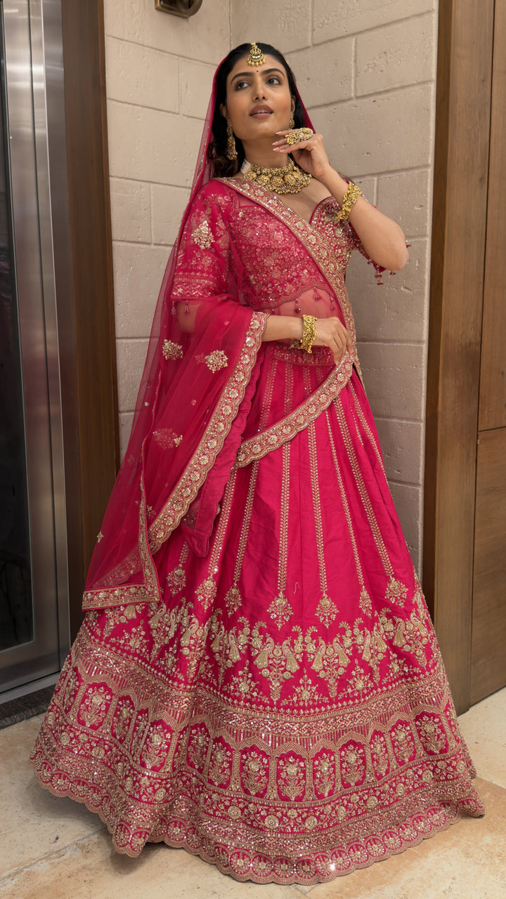 Royal Rani Pink Bridal Lehenga Set with Heritage Zari Embroidery & Soft Net Dupatta