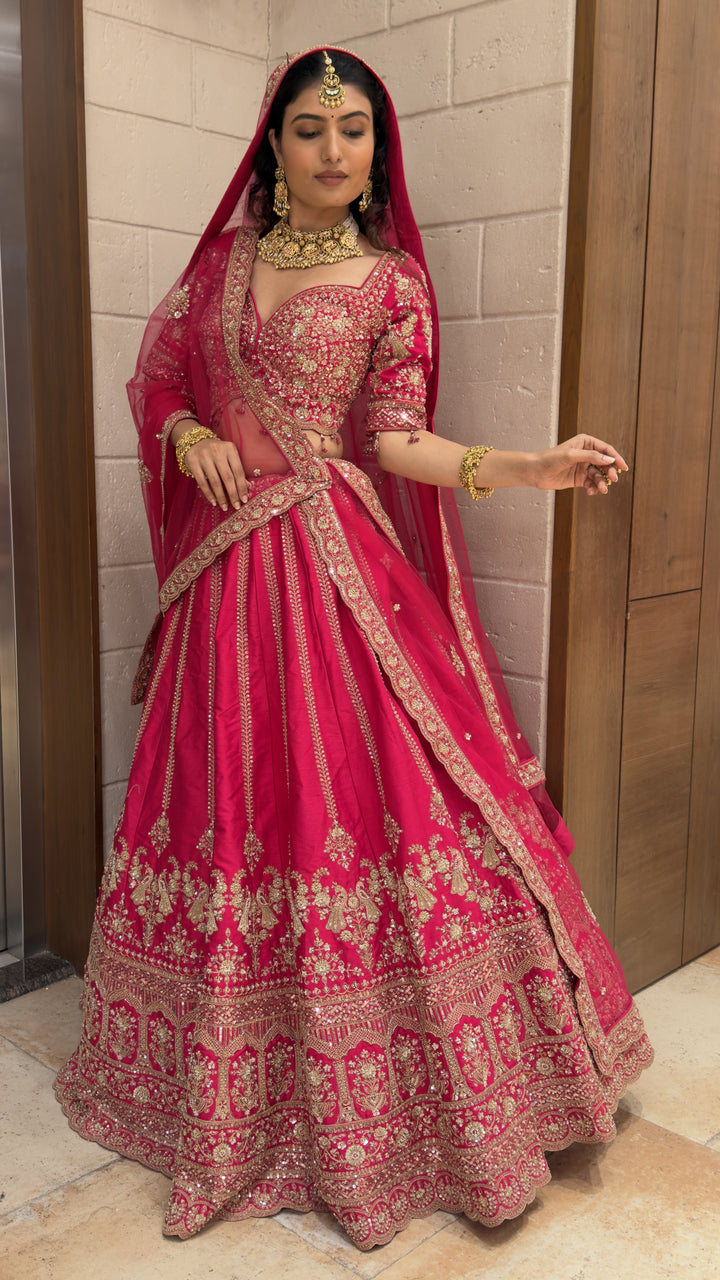Royal Rani Pink Bridal Lehenga Set with Heritage Zari Embroidery & Soft Net Dupatta