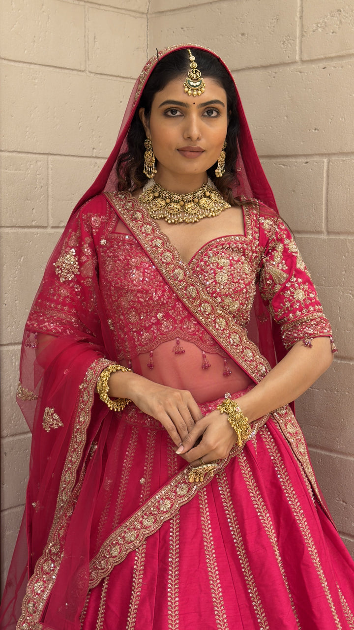 Royal Rani Pink Bridal Lehenga Set with Heritage Zari Embroidery & Soft Net Dupatta
