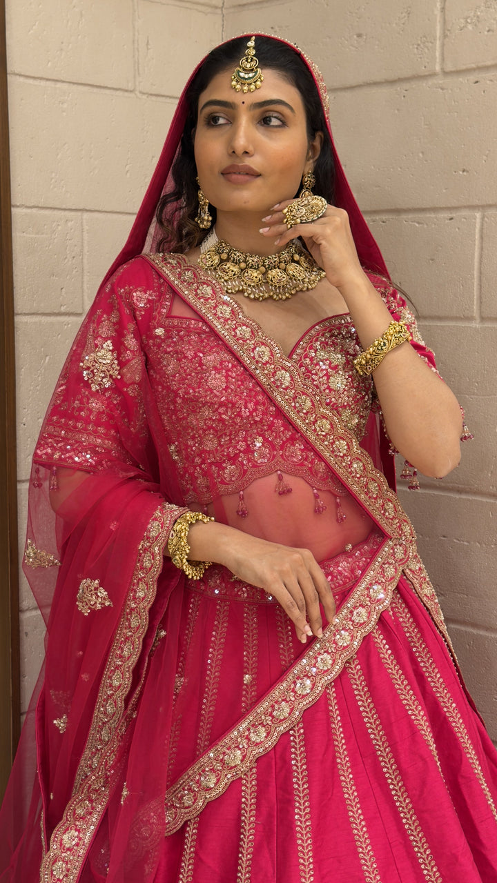 Royal Rani Pink Bridal Lehenga Set with Heritage Zari Embroidery & Soft Net Dupatta