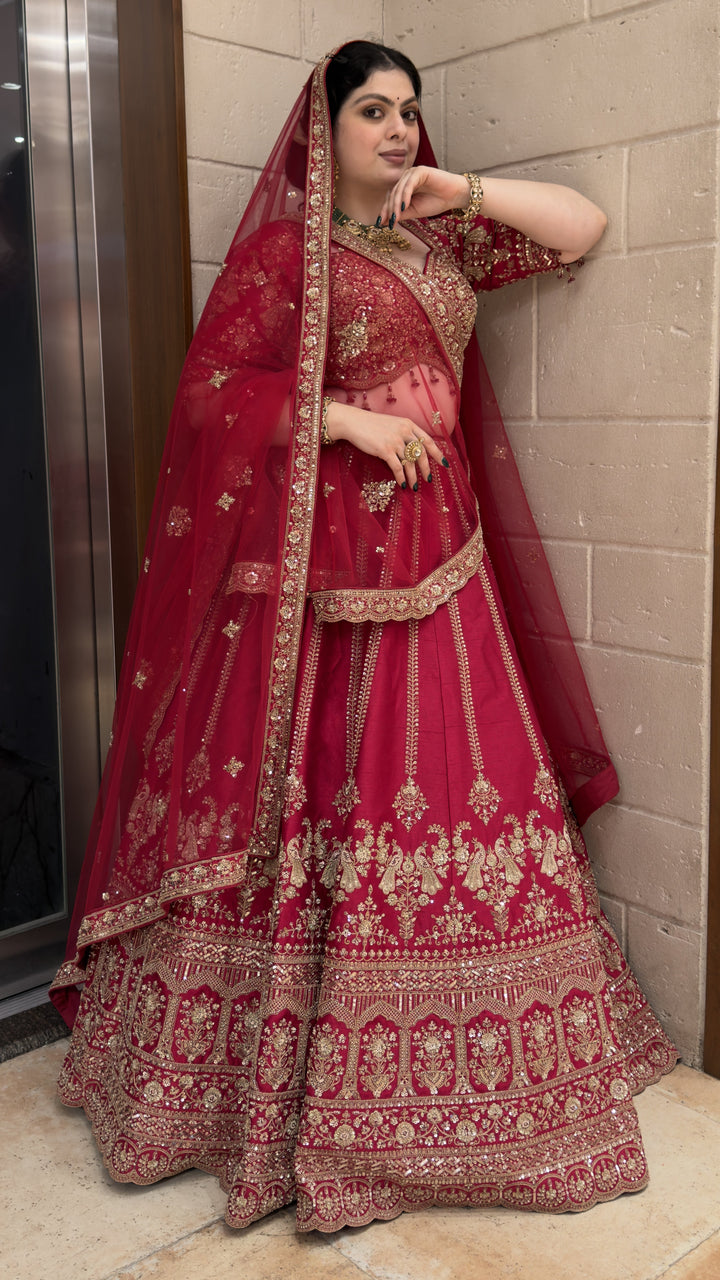 Royal Wine Red Bridal Lehenga Set with Heritage Zari Embroidery & Soft Net Dupatta