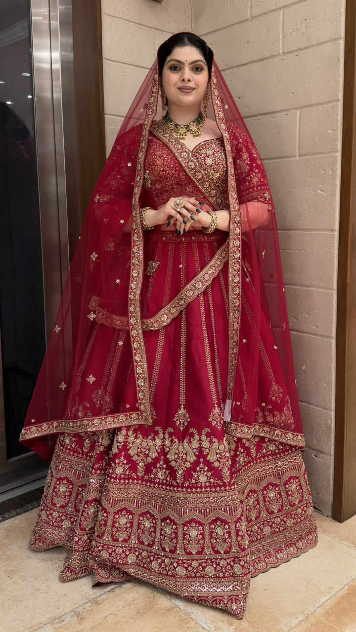 Royal Wine Red Bridal Lehenga Set with Heritage Zari Embroidery & Soft Net Dupatta