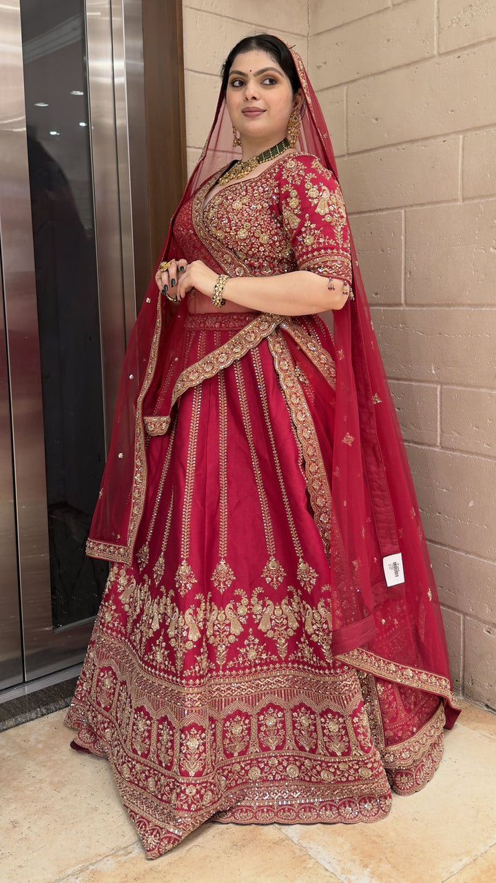 Royal Wine Red Bridal Lehenga Set with Heritage Zari Embroidery & Soft Net Dupatta