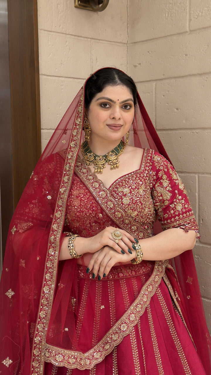 Royal Wine Red Bridal Lehenga Set with Heritage Zari Embroidery & Soft Net Dupatta