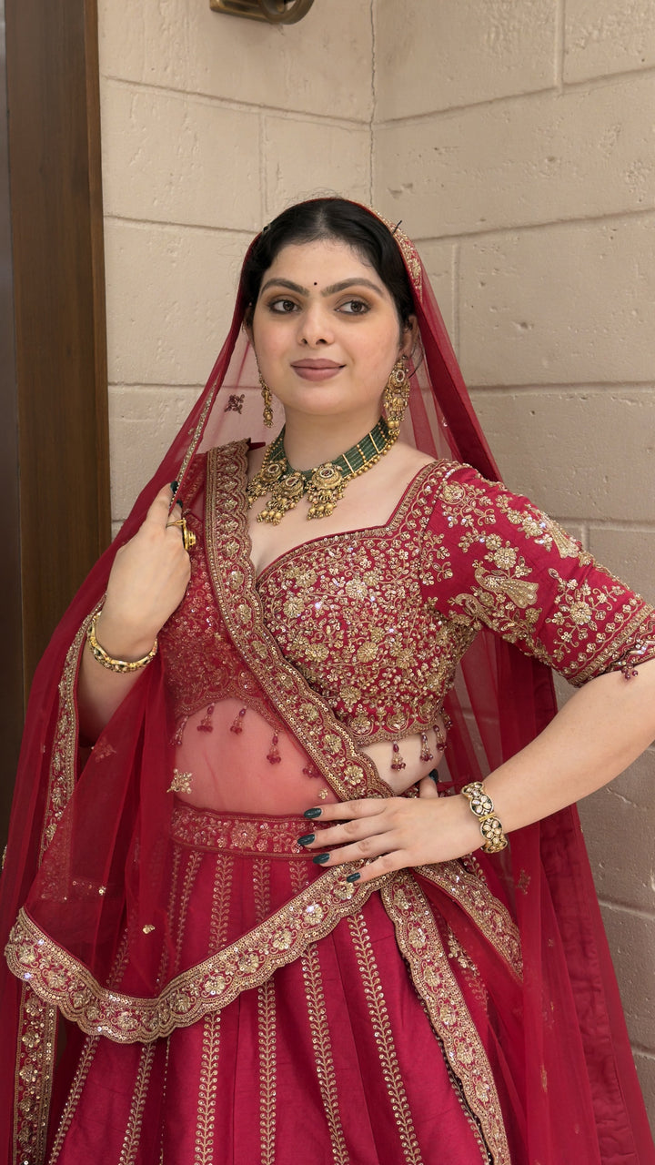 Royal Wine Red Bridal Lehenga Set with Heritage Zari Embroidery & Soft Net Dupatta