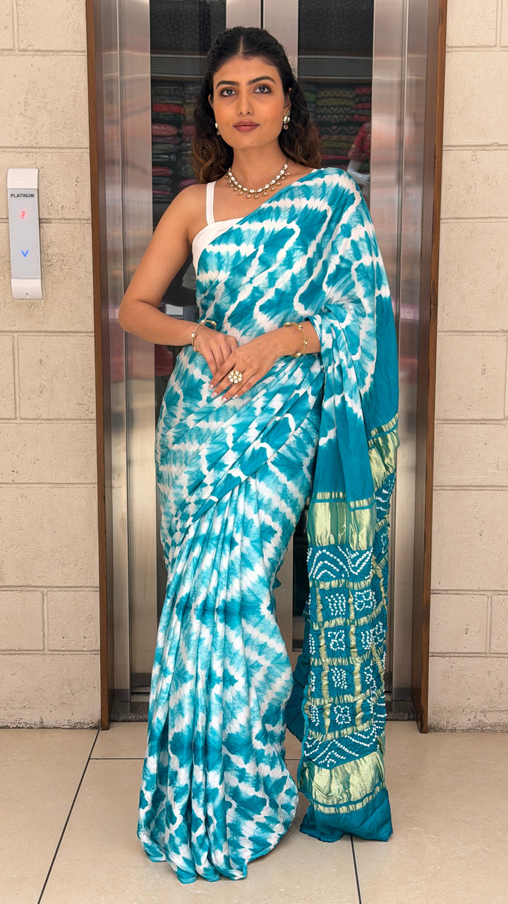 Turquoise Blue Bandhani Silk Saree with Zari Border & Traditional Pallu