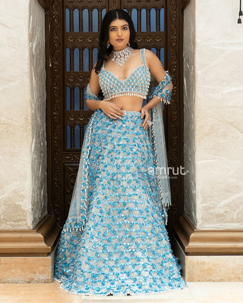 Ice Blue Mirror and Sequin Embroidered Designer Lehenga Set 01