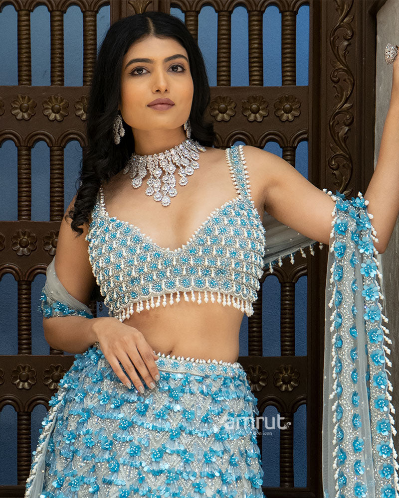 Ice Blue Mirror and Sequin Embroidered Designer Lehenga Set 02