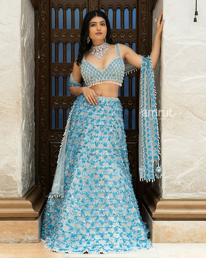 Ice Blue Mirror and Sequin Embroidered Designer Lehenga Set 04