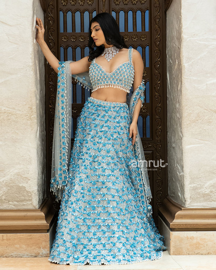 Ice Blue Mirror and Sequin Embroidered Designer Lehenga Set 05