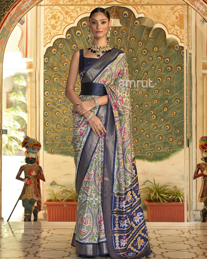 Olive Green Ikkat Printed Patola Silk Saree With Unstitched Blouse