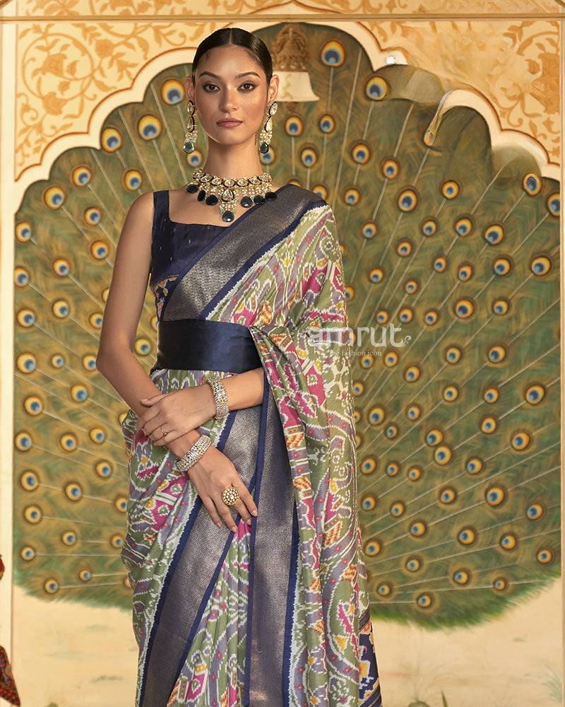 Olive Green Ikkat Printed Patola Silk Saree With Unstitched Blouse