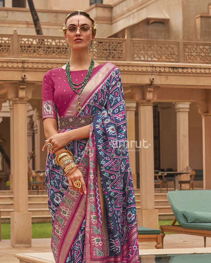 Ikkat Patola Pure Cotton Silk Saree in Blue With Unstitched Blouse