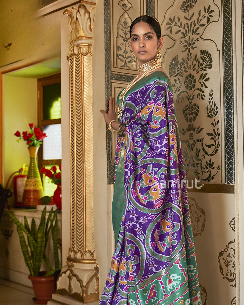Ikkat Patola Pure Cotton Silk Saree in Purple With Zari Border