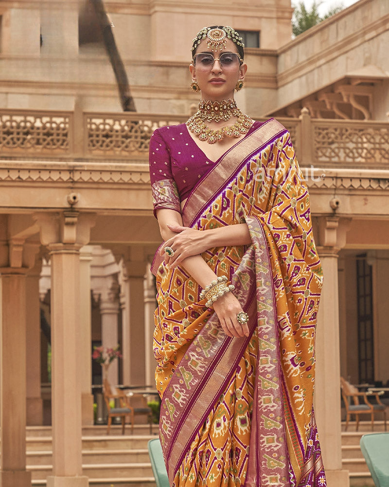 Ikkat Patola Pure Cotton Silk saree in Yellow with Unstitched Blouse