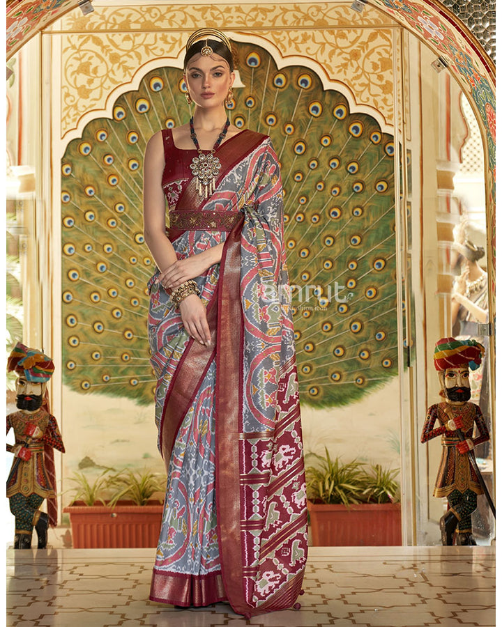 Ikkat Pure Patola Cotton Silk Saree in Olive Green With Maroon Zari Border