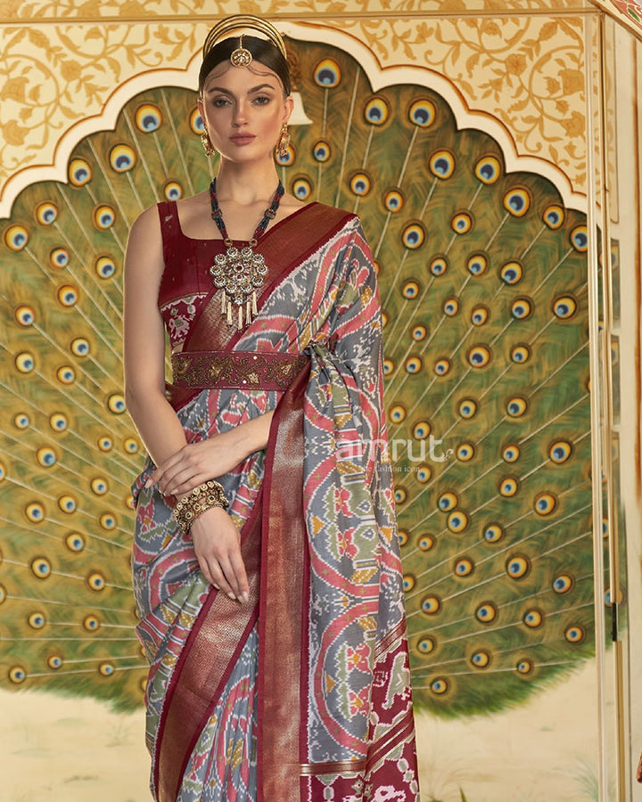 Ikkat Pure Patola Cotton Silk Saree in Olive Green With Maroon Zari Border