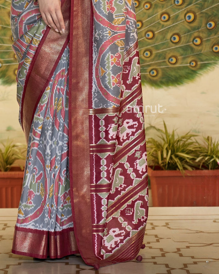 Ikkat Pure Patola Cotton Silk Saree in Olive Green With Maroon Zari Border