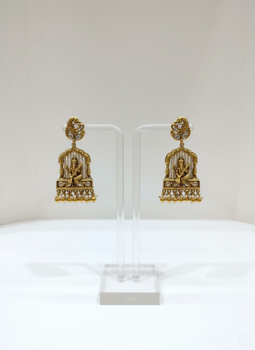 Exquisite Gold & Kundan Necklace Set with Goddess Saraswati Pendant and Coordinating Earrings
