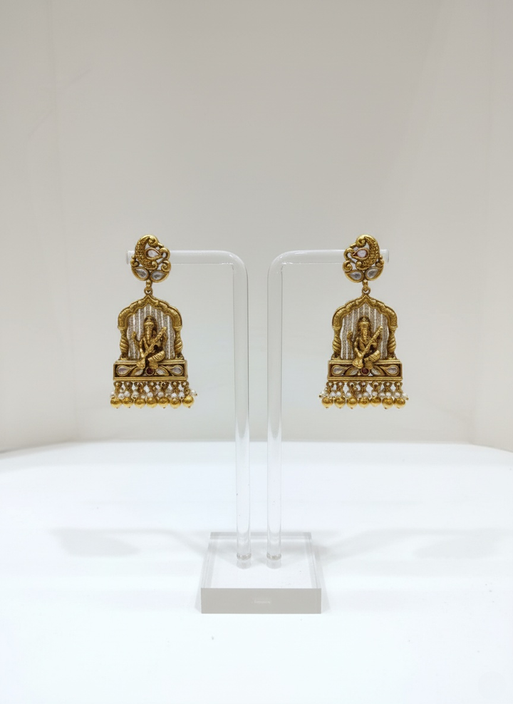 Exquisite Gold & Kundan Necklace Set with Goddess Saraswati Pendant and Coordinating Earrings