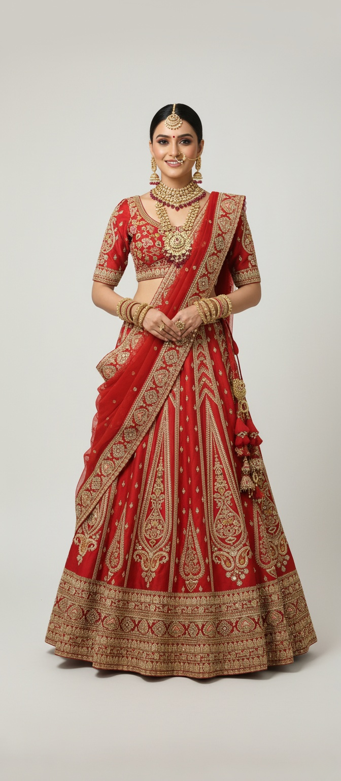 Classic Red Zardozi Bridal Lehenga with Heritage Motifs & Net Dupatta – Eternal Bride Collection
