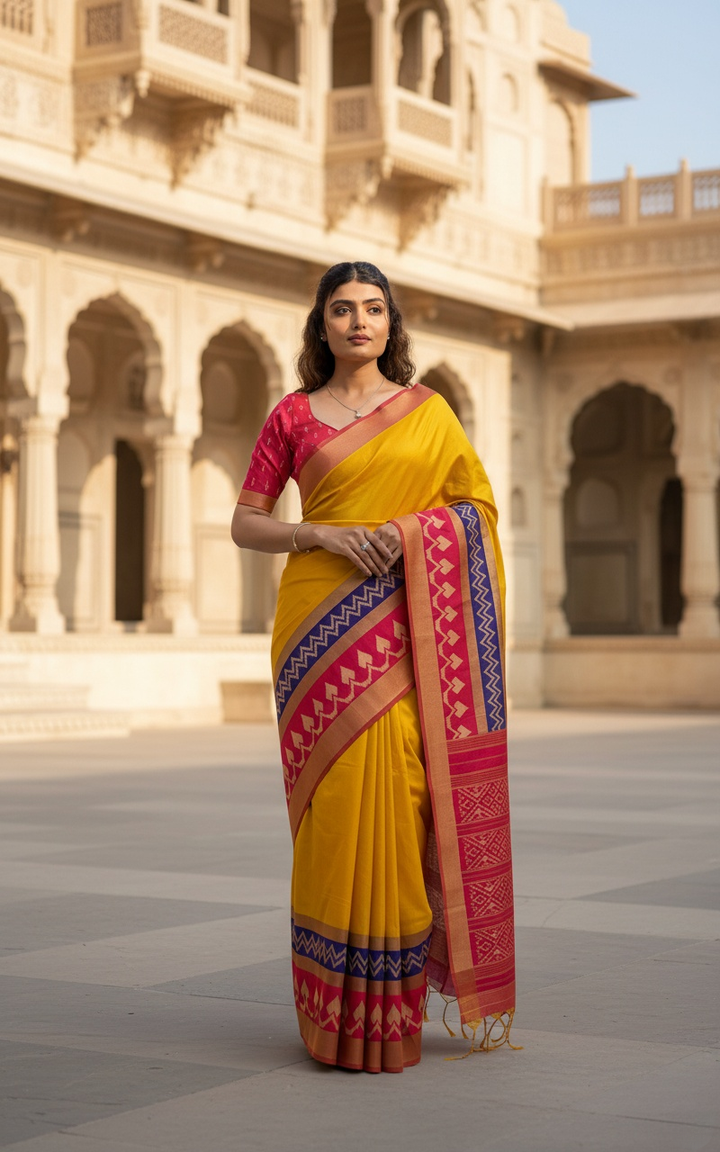 Vibrant Yellow Saree with Traditional Contrast Border – Unstitched Blouse Included