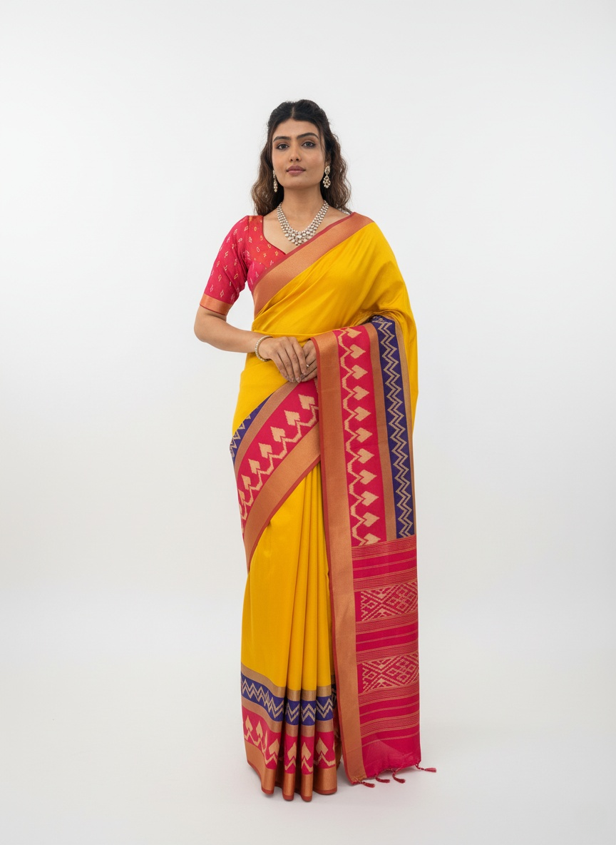 Vibrant Yellow Saree with Traditional Contrast Border – Unstitched Blouse Included
