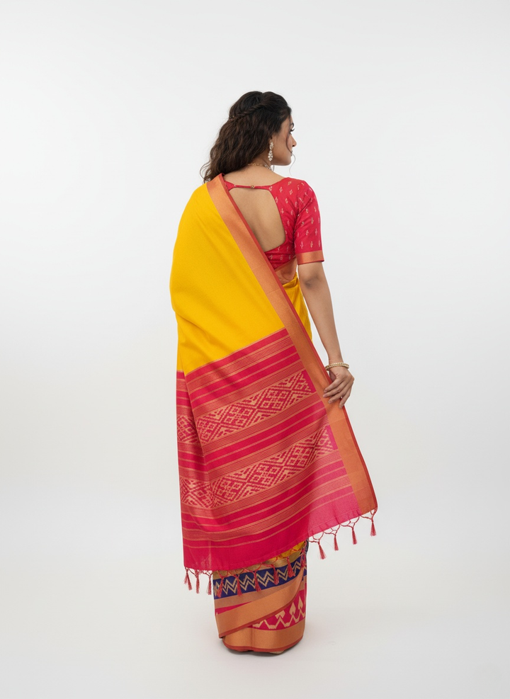Vibrant Yellow Saree with Traditional Contrast Border – Unstitched Blouse Included
