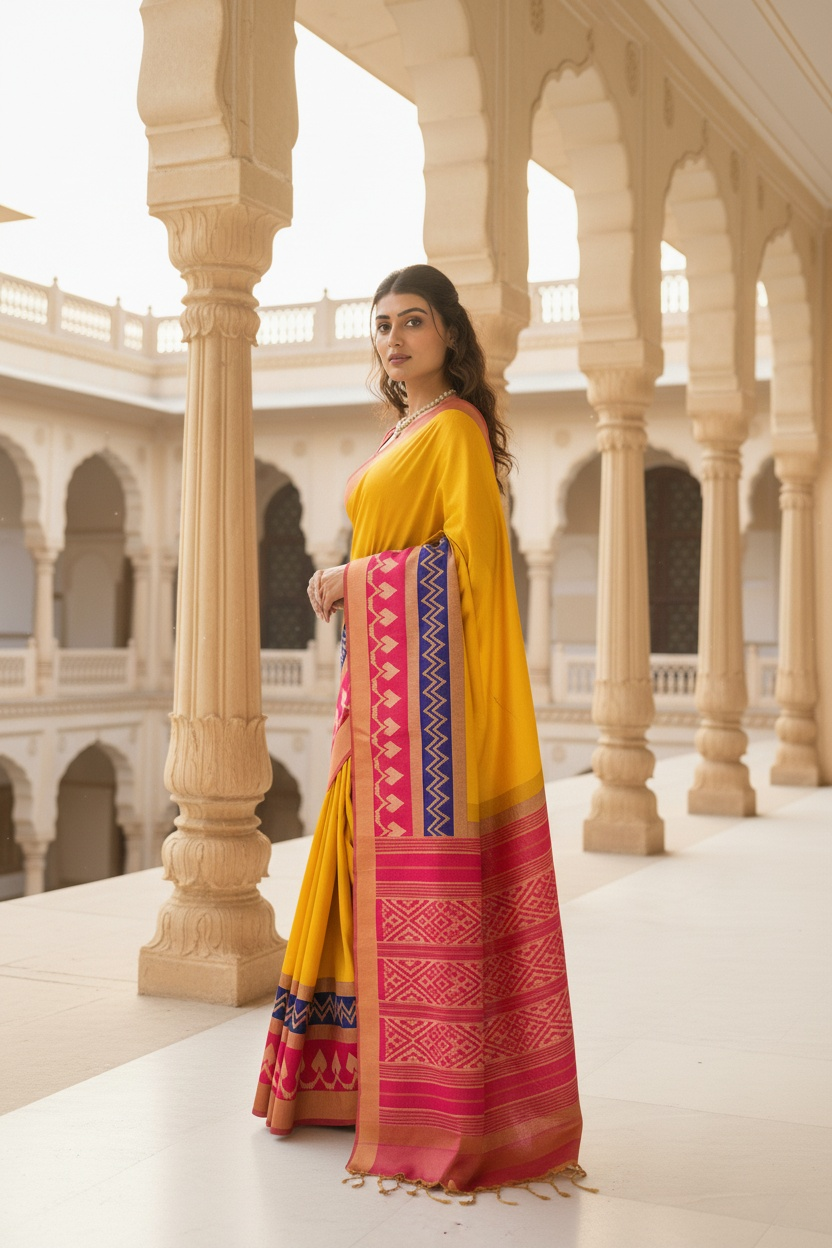 Vibrant Yellow Saree with Traditional Contrast Border – Unstitched Blouse Included